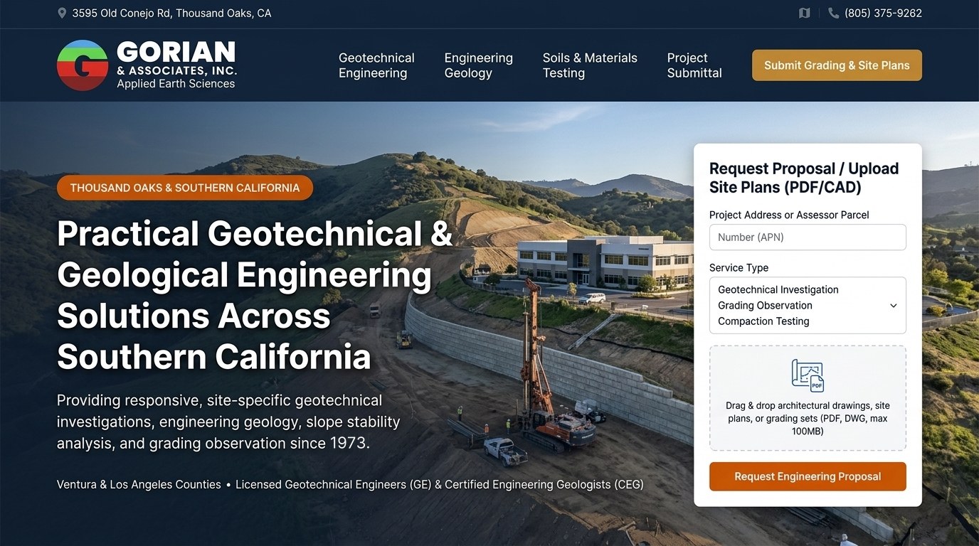 New gorian.net homepage design: Gorian & Associates logo, discipline navigation, a Southern California hillside project photo and a request-a-proposal form with plan upload